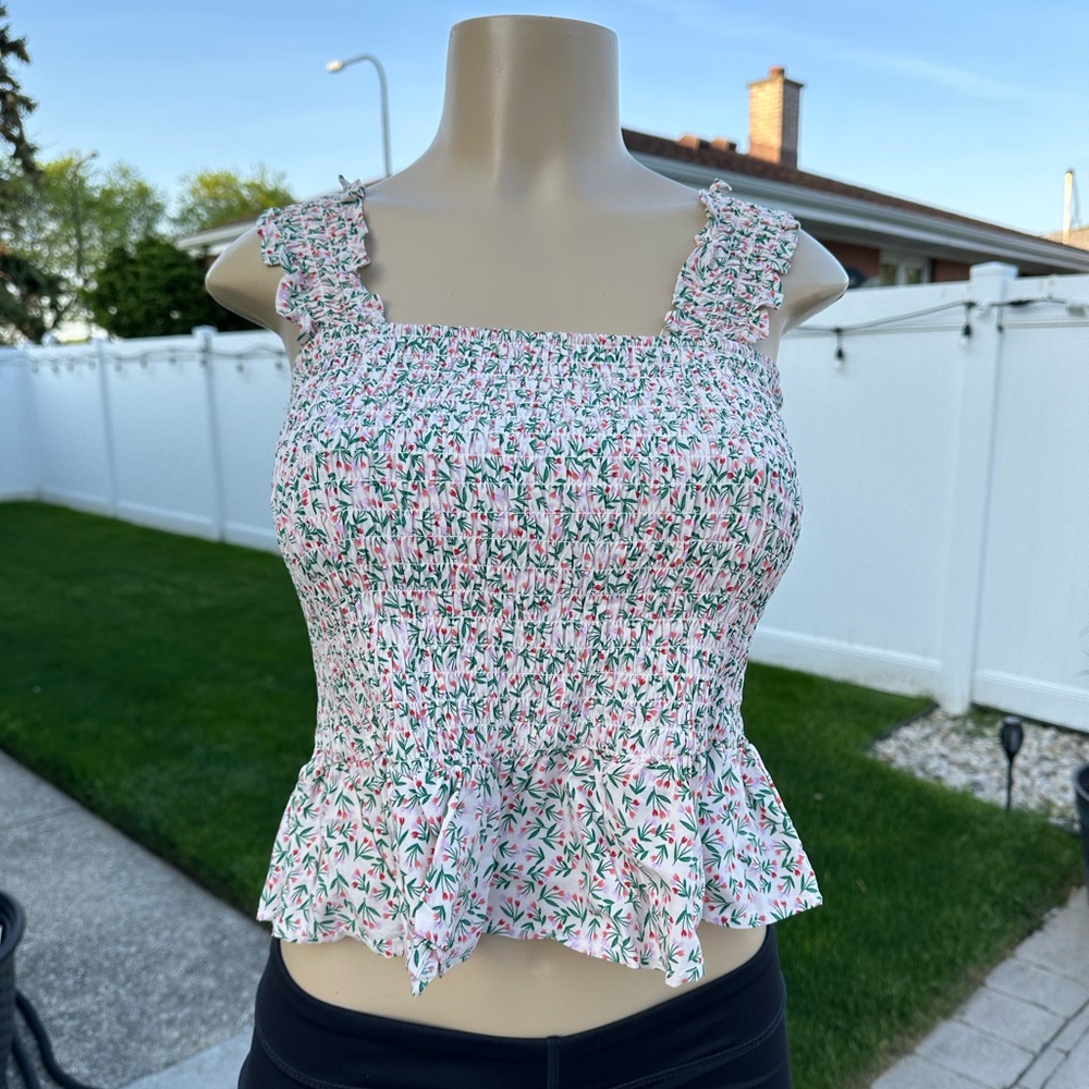 AQUA Ladies White & pink Floral ruched Peplum Top size S
